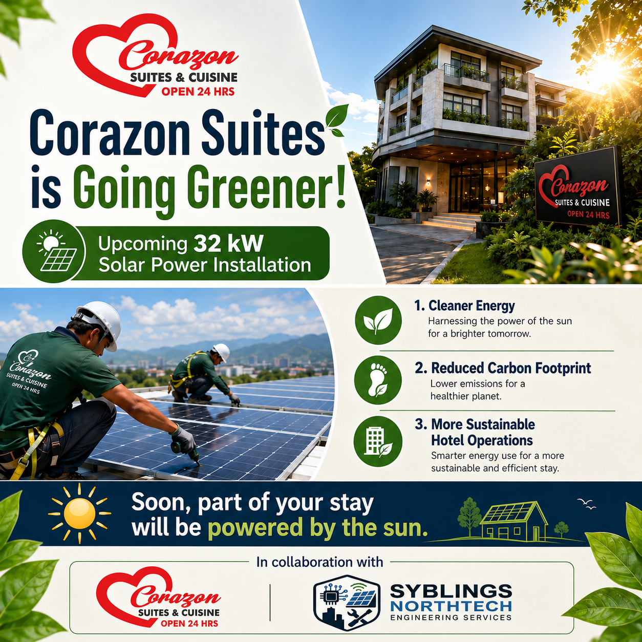 Corazon Suites upcoming 32 kW solar power installation infographic in collaboration with Syblings Northtech Engineering Services